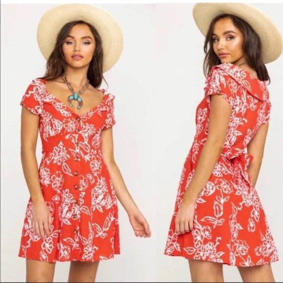 Free People A Thing Called Love Linen Floral Midi Dress in Red Womens 4 - *NWT!* - Picture 1 of 12